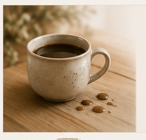 Coffee cup on a wooden table with a few coffee spills